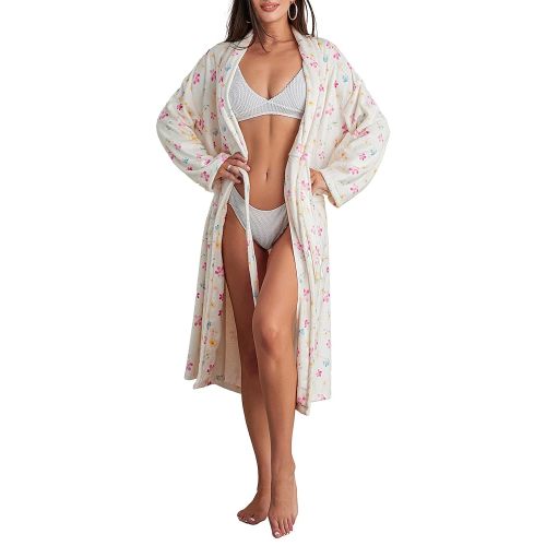 Owl's-Yard Women's Soft Summer Dressing Gown Floral Fruit Print Plush Shawl Collar Bathrobe Warm Lounge Robe with Belt