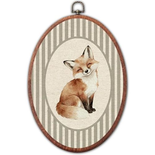 Lulavo Vintage Fox Nursery Oval Wall Art, Grey Striped Canvas Prints Framed, Retro Woodland Animal Decor for Baby Toddler Room Playroom Bedroom Hanging Decoration, 8.6 x 11.4 Inch
