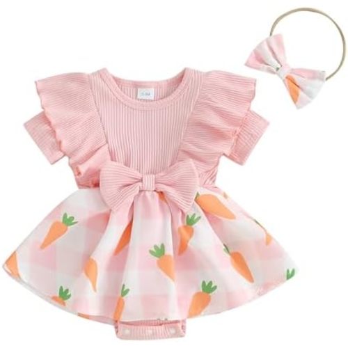 Madjtlqy Baby Girl Easter Outfit Ruffles Sleeve Bunny Carrot Printed Romper Dress with Headband Summer Clothes