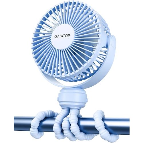 Gaiatop Mini Portable Stroller Fan, Battery Operated Small Clip on, Detachable 3 Speed Rechargeable, 360° Rotate Flexible Tripod Better Cooling for Car Seat Crib Treadmill Travel Blue