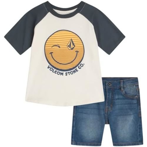Volcom Toddler Boy Shorts Set - 2 Piece Short Sleeve Graphic Tees and Denim Shorts for Boys - Toddler Summer Clothes (2T-7)