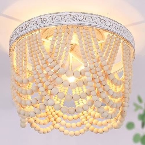 Capslpad Wood Beaded Flush Mount Ceiling Light Antique Rustic Mini Chandelier 3-Light White Boho Light Fixture for Dining Room,Nursery Room,Bedroom,Girl Room,Hallway,Entryway,Passway