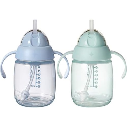 Tommee Tippee Starter Straw Cup, Easy Transition Toddler Cup For 6 Months+, 10oz, with Silicone Weighted Straw and Easy-Hold Handles, Pack of 2, Blue and Green