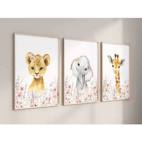Girls Wildflower Jungle Animals Wall Art Prints, Boho Safari Nursery, Pink Lavender Watercolor Floral, Set of (3) UNFRAMED Prints or Canvas