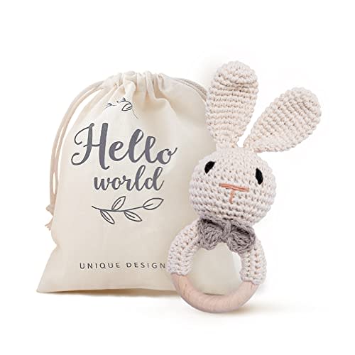 Youuys Wooden Baby Rattle Toys, Easter Bunny Rattle for Baby Crochet Bunny Rattle Toy Natural Wood, Shaker Rattle for Hand Grips, Boy Girl First Rattle Gift, Newborn Gifts (Bunny)