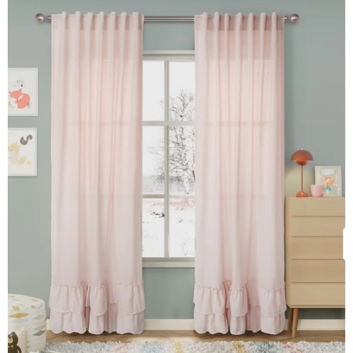 Linen Texture Double Ruffle Semi-sheer Curtain Pair(2 panels)