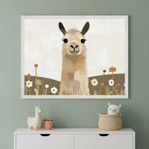 Llama Boho Neutral Wall Art, Nursery Animal Decor, Modern Alpaca Print, Earth Tone Kids Room Illustration, Minimalist Desert Floral Decor
