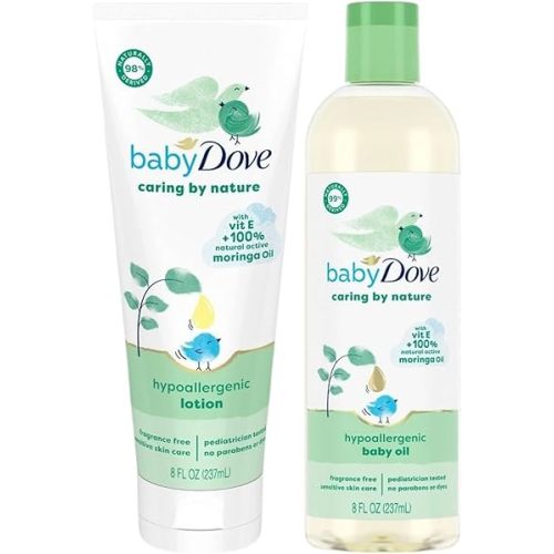 Dove Baby Oil & Baby Lotion, Caring by Nature – Hypoallergenic Oil & Lotion, Nourishing Moringa Oil & Vitamin E Oil for Skin, Fragrance Free, 8 Oz Ea (2 Piece Set)
