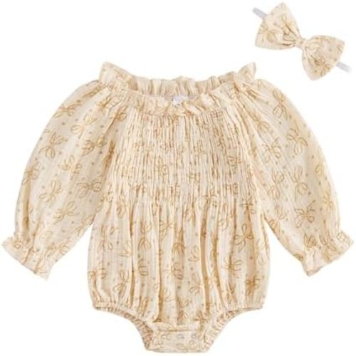 Infant Baby Girl Linen Romper Smocked Bubble Bodysuit Frill Trim Ruffle One-Piece Jumpsuit Casual Cute Summer Clothes