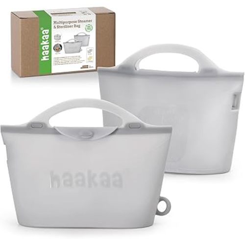 Haakaa Silicone Microwave Steamer & Steriliser Bag, 2000ml Large Capacity Reusable Steaming Bags for Baby Bottles/Breast Pump/Accessories/Pacifiers/Teethers,Great for Home and On-The-Go, Grey/2PC
