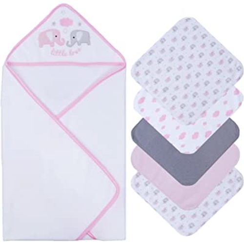saftan Baby Bath Hooded Towels Set with 5 Baby Washcloths, Super Soft and Absorbent Baby Towel and Face Cloths for Newborn, Baby Essentials for Newborn Boys and Girls, Pink Elephant