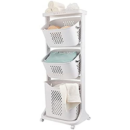 Laundry Hamper Basket Sorter - 3 Tier Laundry Sorter Cart with Heavy Duty Lockable Rolling Wheels for Wash Clothes Storage Basket Organizer Shelf Space Saving