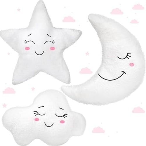 Queekay 3 Pcs Moon Star Cloud Cushion Soft Plush Pillow Nursery Stuffed Throw Cushion Kids Cute Children Pillow for Baby Room Reading Nook Decorations Gift(Moon, Star, Cloud)