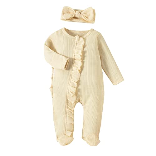 Karwuiio Newborn Baby Girl Clothes Long Sleeve Solid Color Romper Jumpsuits with Headband Infant Coming Home Outfit
