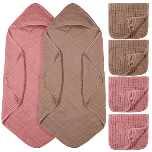 VitalCozy 6 Pcs Baby Muslin Hooded Bath Towels and Washcloths Muslin Cotton Hooded Baby Towels Absorbent Blankets for Gift Newborn Infant Shower (32 x 32 Inch,Light Bean Paste,Rose Pink)