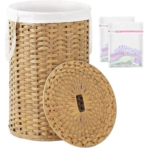 Large Laundry Hamper Laundry Basket Round 34.3 Gal (130 L) Handwoven Wicker Laundry Baskets Rattan Laundry Basket with Laundry Bag Handles 2 Mesh Bags for Living Room Bedroom Natural