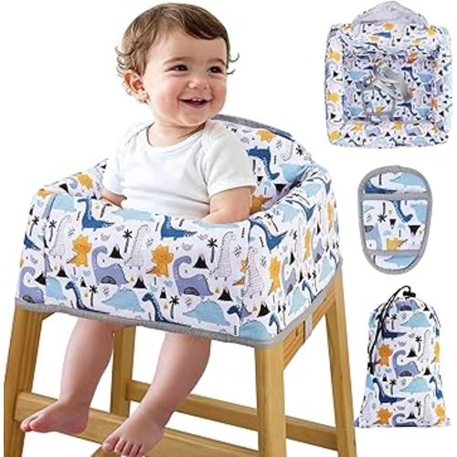 High Chair Cover Portable with 3-Point Harness, Waterproof Baby Seat Cover for Restaurant Travel Home Use, Machine Washable, Fits Wooden Chairs (Colorful Dinosaurs)
