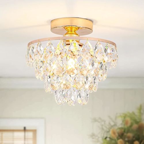 Luupyia Gold Crystal Chandelier Small, Mini Ceiling Light Modern Flush Mount Crystal Chandelier Hallway Overhead Light Fixtures Ceiling for Hallway Bedroom Hall Living Room E26