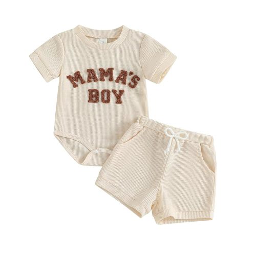 MERSARIPHY Newborn Baby Boy Summer Clothes Mama's Boy Little Dude Short Sleeve Romper Shorts Set Infant Waffle Knit Outfit