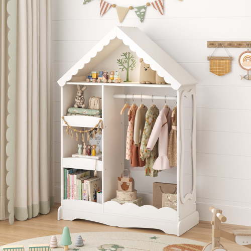 Curipeer Kids Dress Up Storage with Motion-Activated Light,Wood Armoire Wardrobe Closet with Mirror for Bedroom Playroom,White