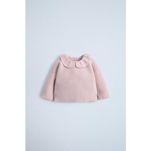 GARTER STITCH KNIT COLLAR SWEATER - Pink