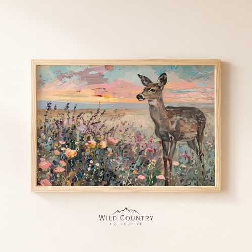 Vintage Deer Fawn Poster Print, Woodland Nursery Wall Decor, Antique Deer Oil Painting, Wildflower Field Wall Art, Colorful Sunset Print