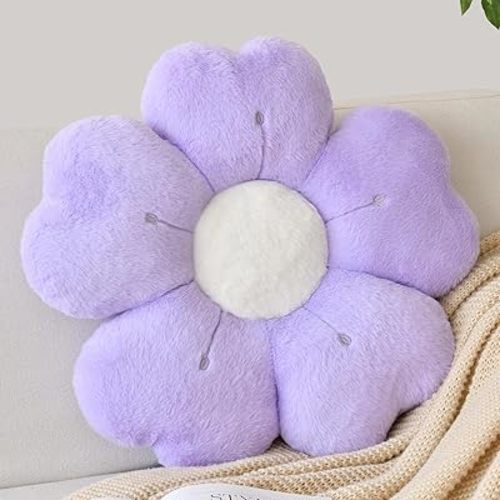 Flower Shaped Pillow, Cute Decorative Throw Pillow with Soft Artificial Rabbit Fur for Couch Bed Chair Floor, Flower Pillows Seating Cushions with Room Décor for Bedroom Living Room (14.9" Lavender)