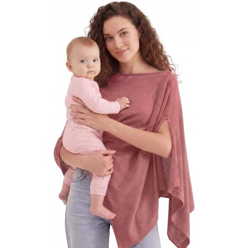 PATPAT Mesh Nursing Cover, Breathable Solid Knit Poncho, Dusty Rose