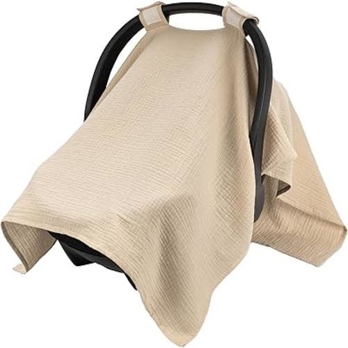 SERAPHY 100% Muslin Cotton Car Seat Cover Baby, Universal Carseat Covers, Breathable Baby Car Seat Canopy for Boys Girls, Soft Infant Car Seat Cover for Summer —Khaki