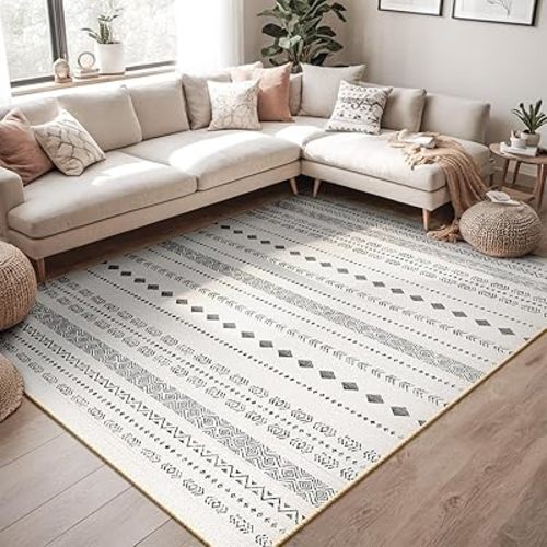 Area Rug 6x9 Washable Rugs for Living Room Rug Non-Slip, Soft Moroccan Geometric Farmhouse Low Pile Design Printed Carpet for Dining Room Bedroom Office Home Decor Black