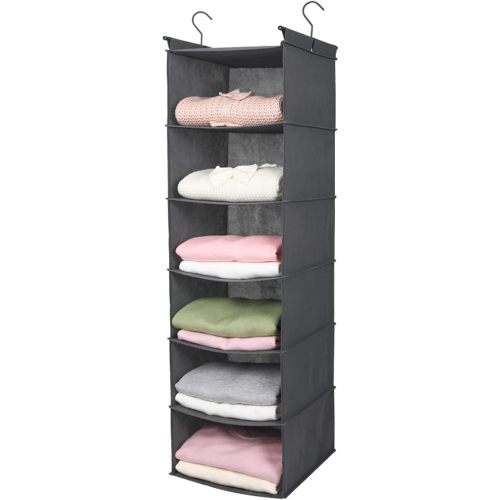 MAX Houser 6 Tier Shelf Hanging Closet Organizer, Closet Hanging Shelf with 2 Sturdy Hooks for Storage, Foldable (Grey)