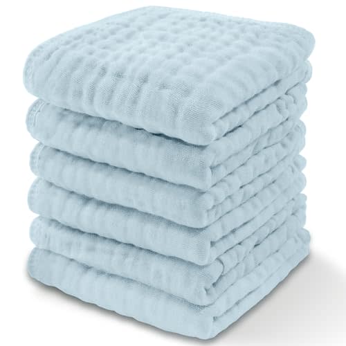 Comfy Cubs Muslin Baby Washcloths 6 Pack - Soft 6-Layer Cotton Wash Cloths for Sensitive Skin - 10"x10" Large, Gentle, Absorbent Infant Essentials for Newborn and Toddlers - (Sky Blue)