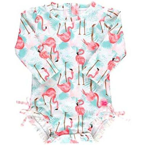 RuffleButts® Girls UPF 50+ Sun Protection Long Sleeve One Piece Swimsuit with Zipper