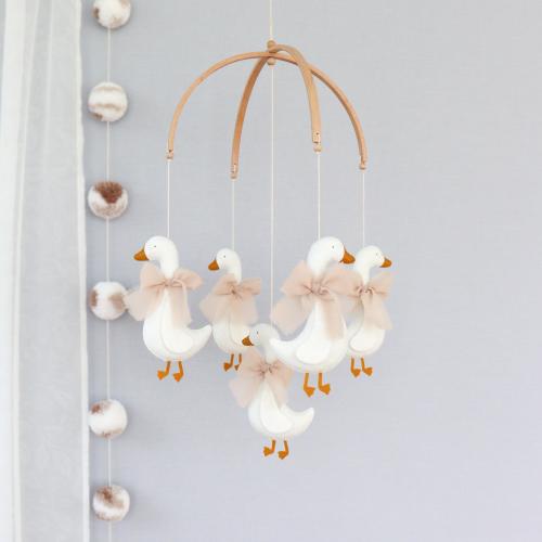 Coquette goose bow baby crib mobile, Vintage, farmhouse, rustic nursery decor, Neutral baby shower gift, Felt handing mobile, Duck nursery