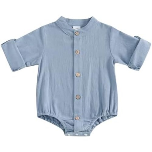Karuedoo Newborn Baby Boy Clothes Cotton Linen Shirt Bodysuit Button Up Roll Up Long Sleeve Romper Jumpsuit One-Piece Outfit