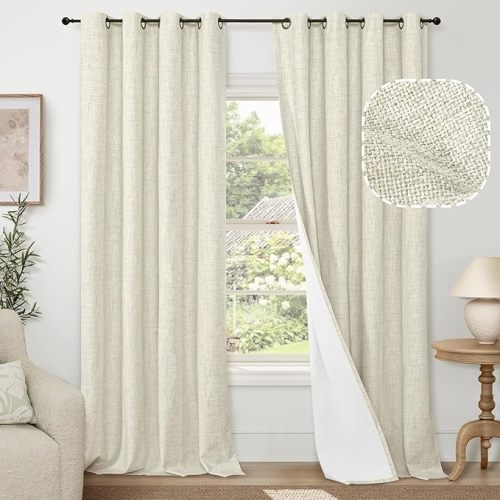 Blackout Curtains for Bedroom - Linen Black Out Curtains 84 Inch Long Thermal Insulated Burlap Grommet Window Drapes for Farmhouse Living Room Darkening, 2 Panels, Each 52" Wide, Natural Cream