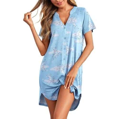 Ekouaer Women V Neck Button Down Nightgown
