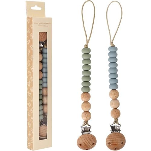 2 Pack Pacifier Holder Clips for Binky & Teether, Silicone Baby Pacifier Clip for Baby Girls(Sage, Ether)