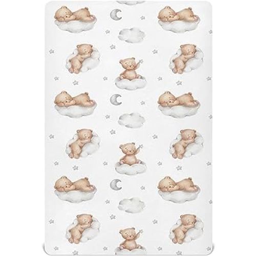 Crib Sheets for Boys Teddy Bears Clouds Toddler Baby Girl Sheets for Crib,Neutral Mini Crib Nursery Mattress Sheets Fitted,Crib Mattress Soft & Breathable 52 * 28 * 9In White