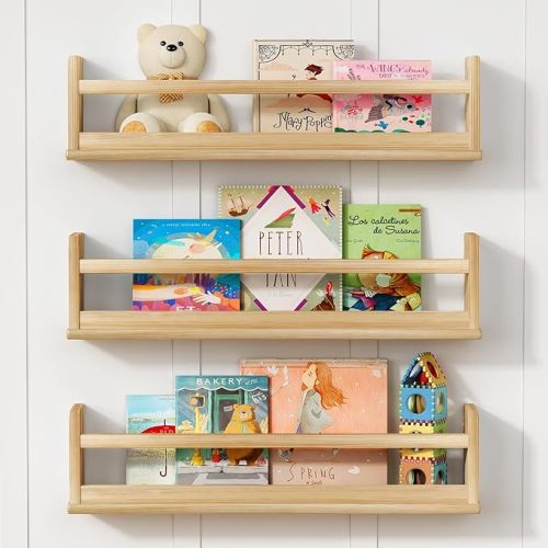 Upgraded Natural Wood Wall Bookshelf for Kids Bedroom Set of 3, 24 Inch Wooden Floating Nursery Book Shelves for Baby Boys Girls Room, Mounted Bookshelves for Toy Organizers and Storage