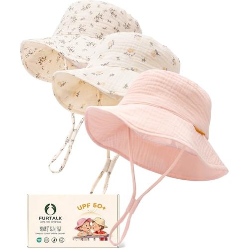 FURTALK Baby Sun Hat Muslin Cotton Toddler Bucket Hat for Girls Boys Wide Brim UPF 50+ Summer Beach Hats