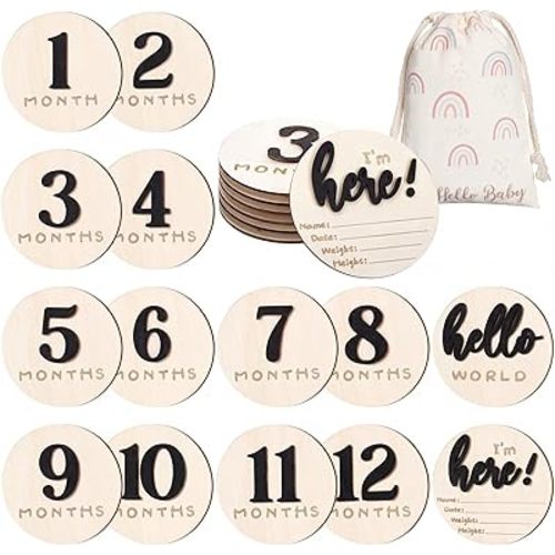 7 Pack 3D Baby Monthly Milestone Card Signs Baby Announcement Sign Double Sided Hello World Newborn Signs Wooden Circles Discs for Welcome Newborn Boy Girl Photo Props(Black,Number)