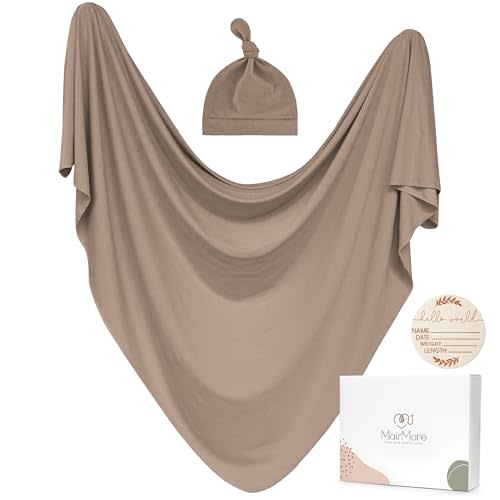 MairMore Baby Swaddle Receiving Blankets with Matching Beanie Set Newborn Nursery Swaddle Wrap for Baby Girls and Boys (Brown)