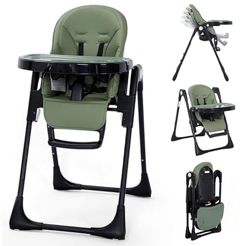 Kinder King Convertible High Chair for Babies & Toddlers, Adjustable Baby Feeding High Chair with Removable Double Tray, Simple Compact Fold for Space-Saving, 2 Built-in Wheels, Easy to Clean, Green