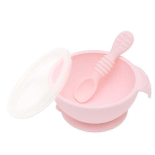 Pink Silicone Suction First Feeding Set with Bowl, Spoon + Lid | Bumkins