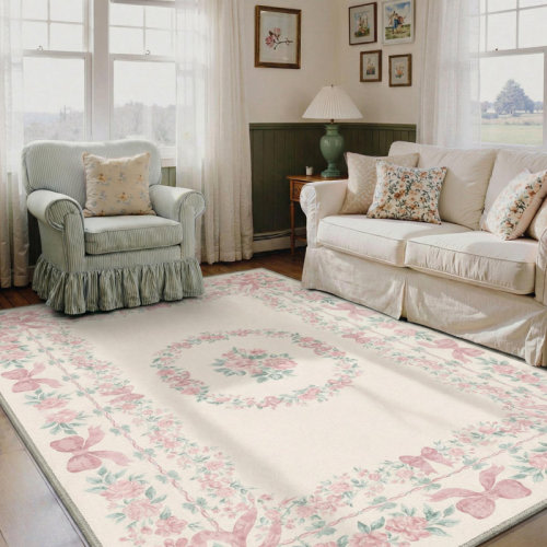 Astoria Grand Romantic Vintage Floral & Bow Border Area Rug, Machine Washable, Inspired Faux Wool - High-Rebound Foam & Non-Slip Backing | Wayfair
