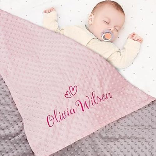 Personalized Baby Blanket with Embroidered Name, Custom Blanket for Girls Boys, Personalized Christmas Birthday for Girls Boys Newborn Essentials (Pink-Grey)