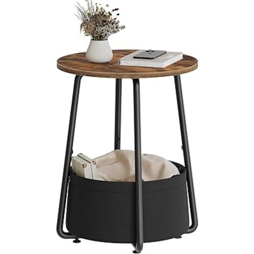 Round Side Table, Small End Table with Fabric Storage Basket, 2-Tier Bedside Table, Round Nightstand, for Small Space, Living Room, Bedroom, Nursery, Rustic Brown and Black TBZ03BF