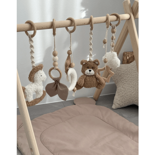 Handmade Baby Gym Toys | Montessori Bear, Horse, Moon, Stars | Neutral Nursery Decor