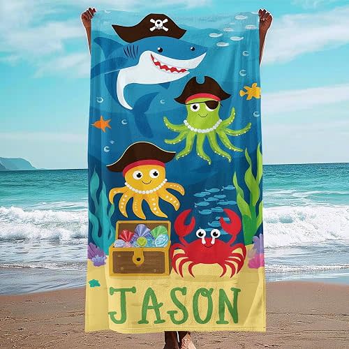 Kids Personalized Beach Towel with Name, Striped Custom Beach Towels for Swimming Pool Vacation, Microfiber Sand Free Fast Drying Beach Towel - Easter Gift for Adults Women Men Kids